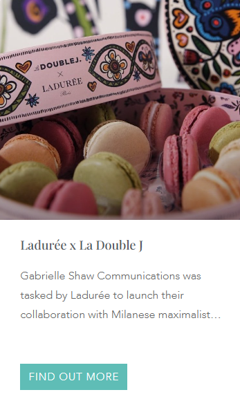 Luxury PR campaign for Ladur&eacute;e x La Double J collaboration, showcasing artisanal pastel macarons in designer floral packaging